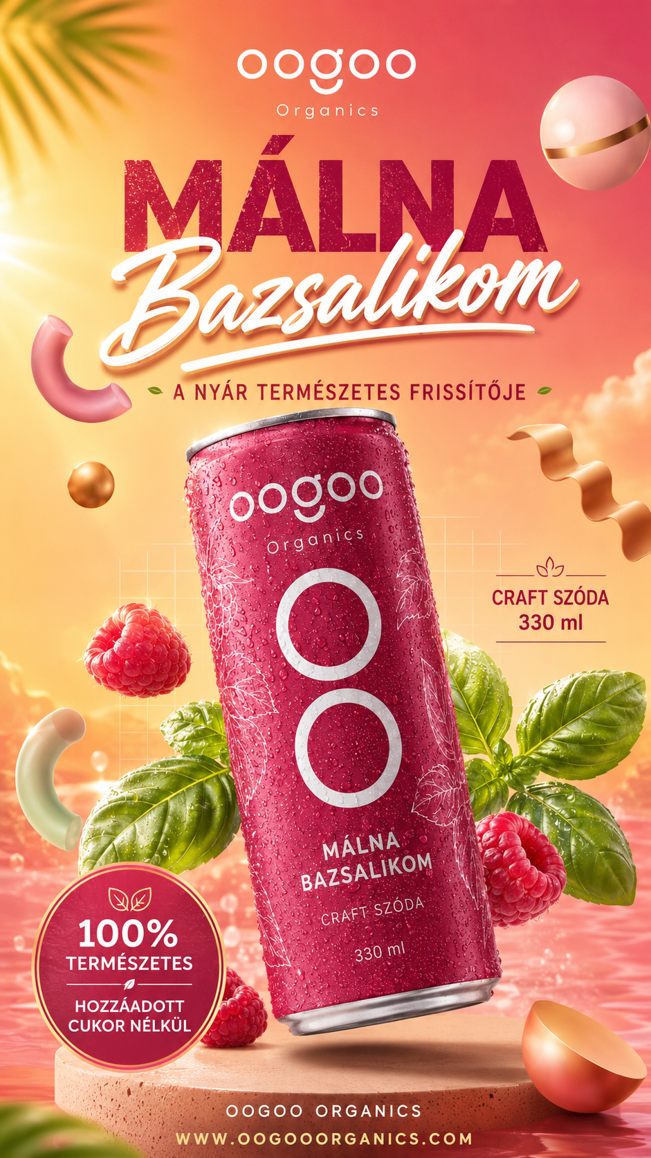 OOGOO Málna Bazsalikom nyári kampánykép jéggel és friss málnával
