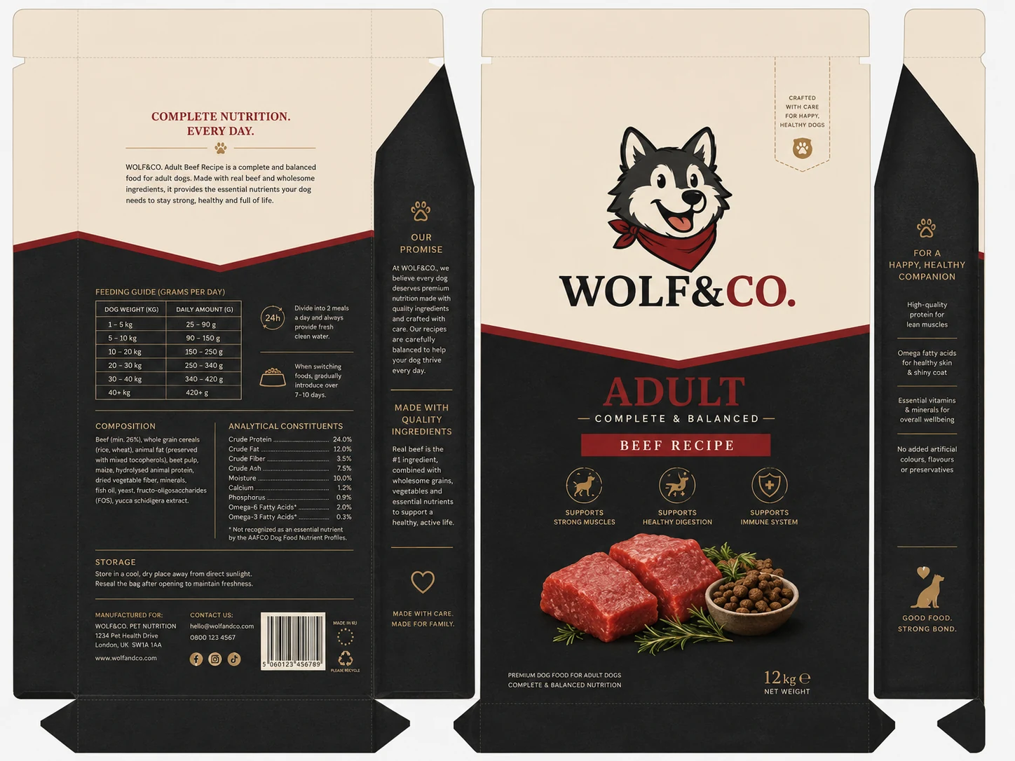 WOLF&CO kutyatáp csomagolásának teljes kiterített palástja: márkajelzés, termékadatok, vágó- és hajtásvonalak.